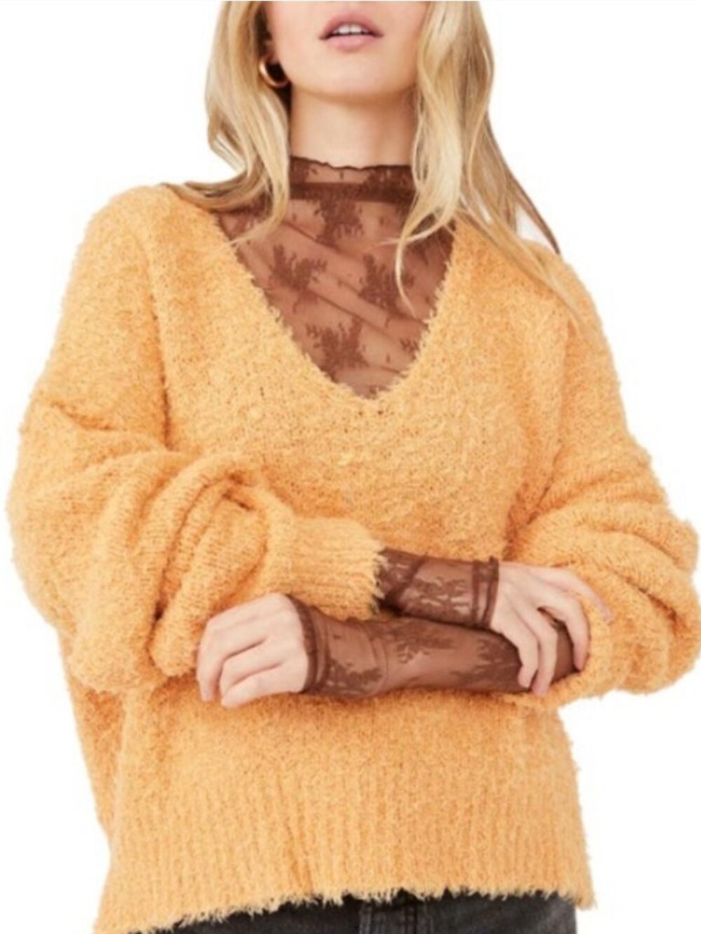 Free People We The Free Fuzzy Knit Sweater Size S Boho Oversized V Neck Cozy Tex